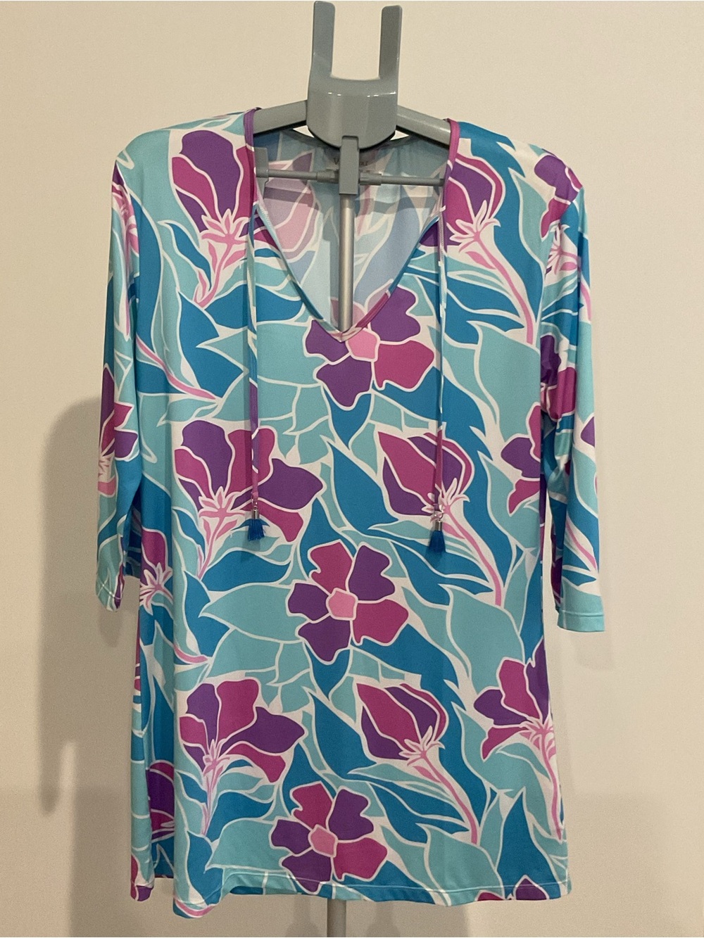 Viv&Lou Floral Tropical Aqua & Purple Tassel Tie Dress